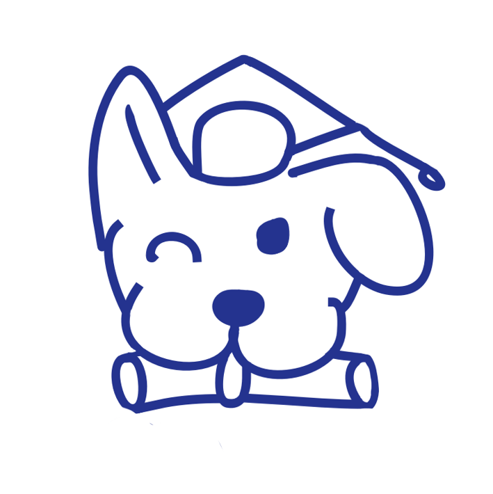 A stylised navy cartoon dog face which is winking and has a diploma and graduation cap